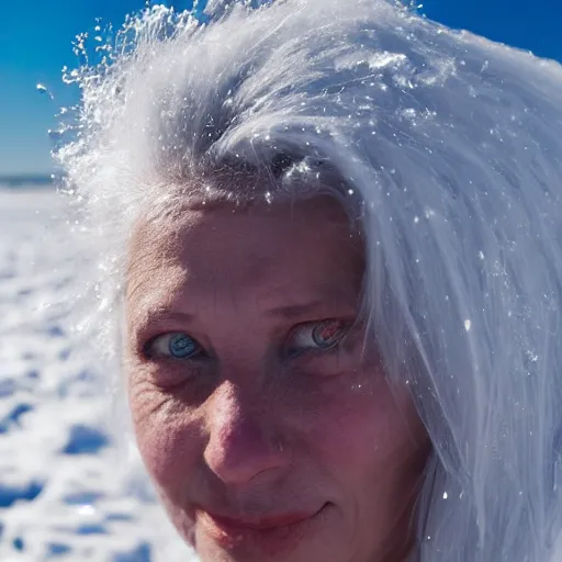 Image similar to ice dust around a frozen woman with white hair and blue eyes on the seashore, In detail