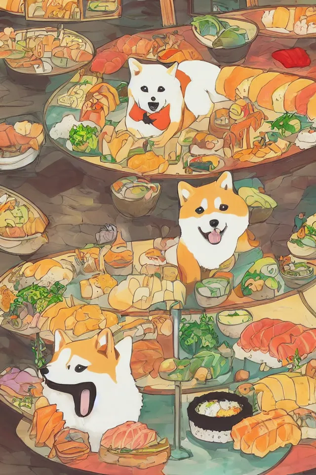 Prompt: a portrait of a shiba inu dog eating sushi in a sushi carousel restaurant, in the art style of studio ghibli, artistic, colorful palette, highly detailed