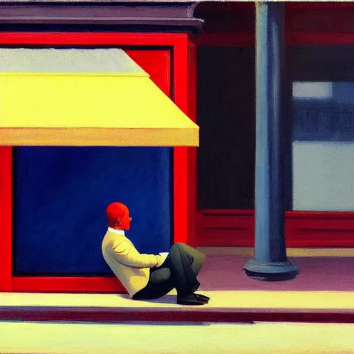 Image similar to painting of a businessman sitting in the street like a homeless person. by edward hopper and james gilleard