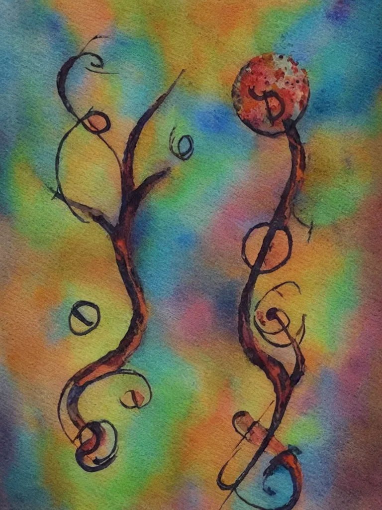 Image similar to a watercolor painting of an acorn that turns into a tree in the shape of a treble clef with some light and dark effects, playful and carefree