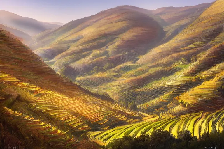 Image similar to douro valley, highly detailed, digital painting, art by artgerm and greg rutkowski