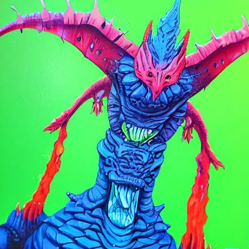 Image similar to a kaiju figurine super detailed acrylic painting with fluo colors