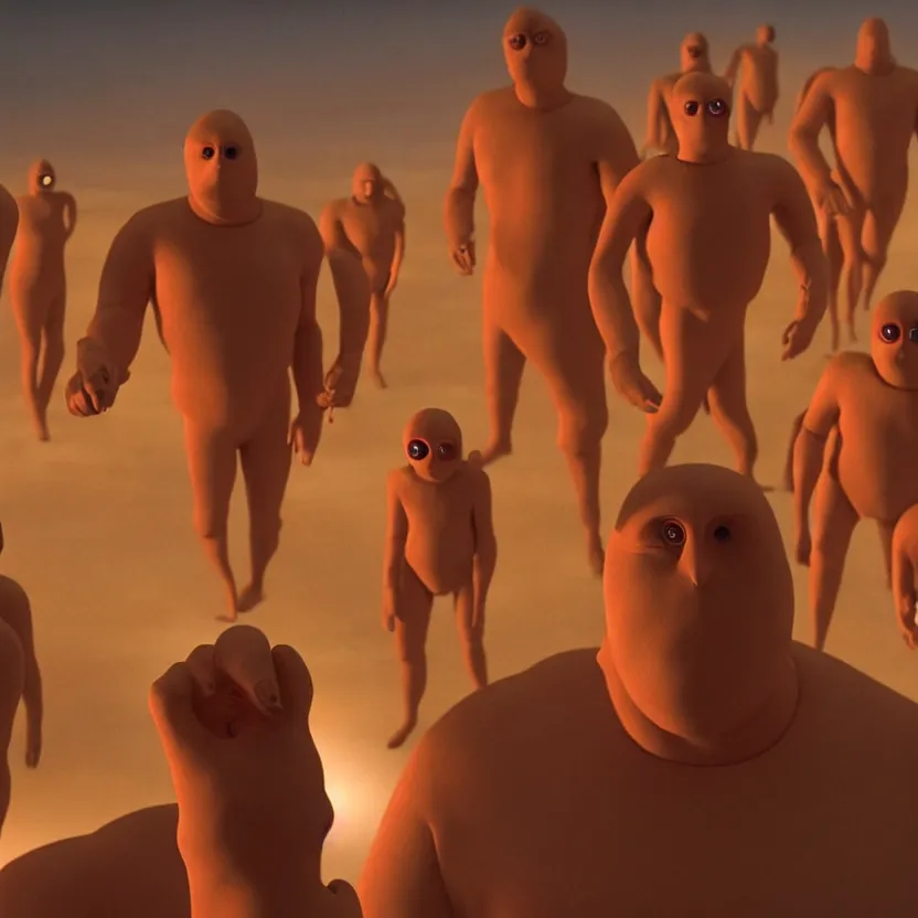 Image similar to spy kids thumb people, golden hour lighting, cinematic film still from the movie directed by denis villeneuve with art direction by wayne barlowe and salvador dali, wide lens, f 3 2
