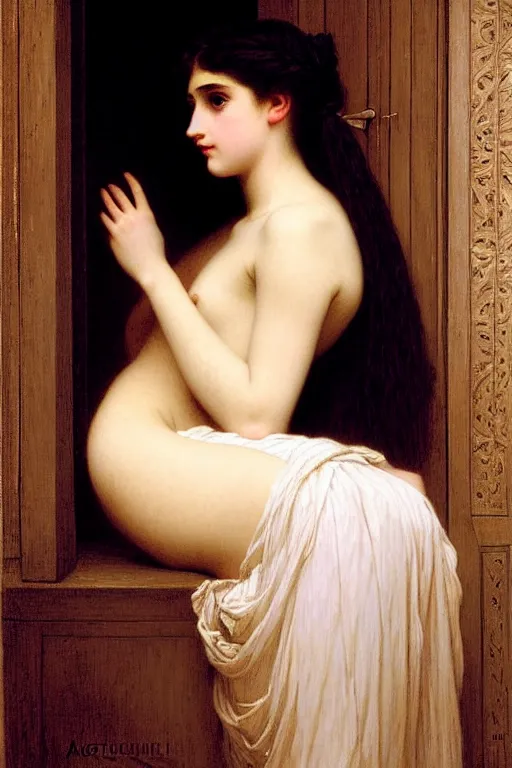 Image similar to girl under moonlight by auguste toulmouche and bouguereau, dark lighting, perfectly detailed eyes, beautiful hands, pale skin, blonde hair, leaning on door, dreamy mood to the painting