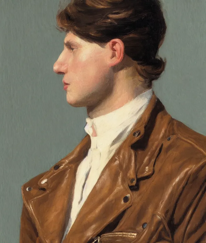 Image similar to a very detailed portrait of a man, wearing an 8 0 s jacket with big shoulder pads, very aesthetic leather jacket, detailed closeup of leather jacket, front view, in the style of edward hopper and oswald hornby joseph birley and susan ryder, very small brushstrokes, 4 k,