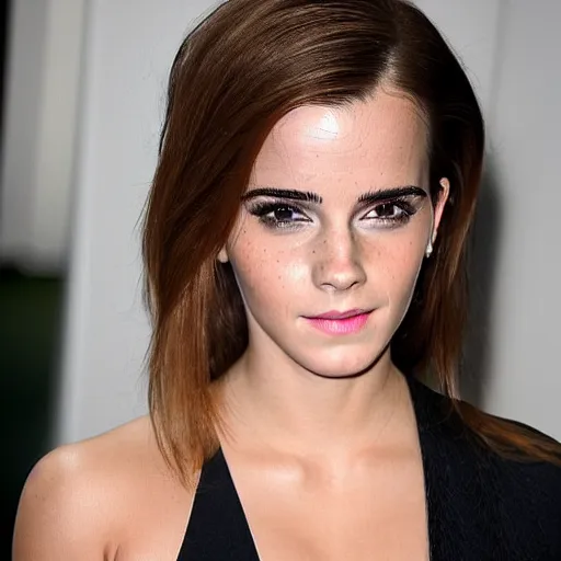 Image similar to a woman who is a genetic combination of emma watson and kim kardashian, face and upper - body focus