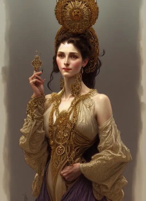 Image similar to character portrait of a modest woman, tall, feminine, powerful, modestly clothed, voluminous, intricate, elegant, highly detailed, digital painting, artstation, smooth, symmetrical, sharp focus, illustration, art by gaston bussiere and alphone mucha