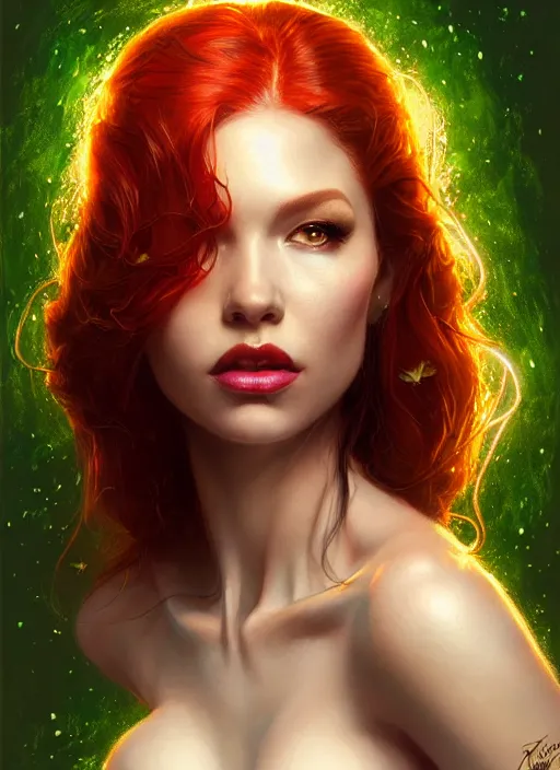 Image similar to portrait of poison ivy, intricate, elegant, glowing lights, highly detailed, digital painting, artstation, glamor pose, concept art, smooth, sharp focus, illustration, art by artgerm and greg rutkowski, artey freytag