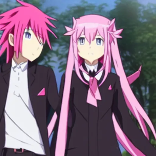 Image similar to Hikigaya Hachiman (dark hair) holding hands with Zero Two (pink hair)