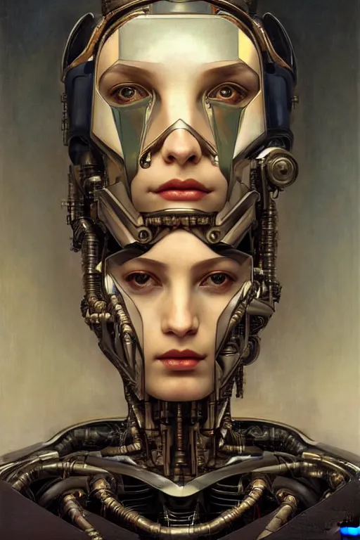 Prompt: full - bodied and portrait futurist cyborg empress, perfect future, award winning art by santiago caruso, iridescent color palette, symmetric face, by wlop and karol bak and bouguereau and viktoria gavrilenko