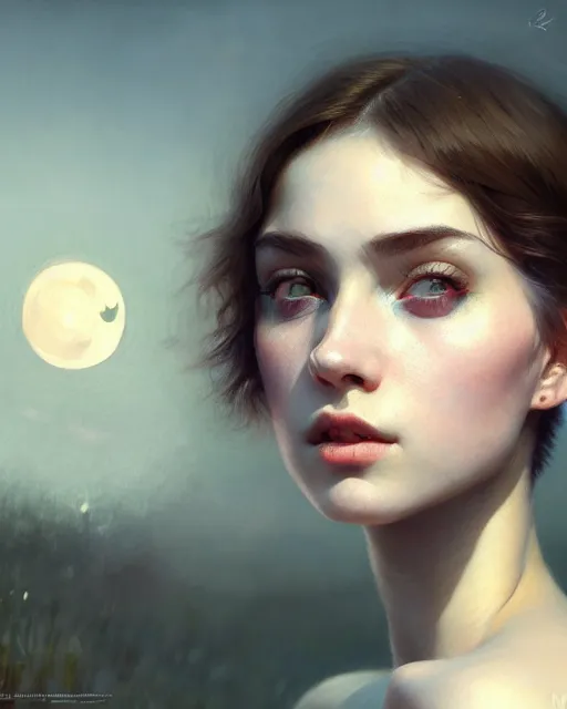 Prompt: young woman with short hair, beautiful girl, close up portrait, moonlight, highkey, realistic, serov, surikov, vasnetsov, repin, kramskoi, paint texture, uplight, insanely detailed, charlie bowater, tom bagshaw, octane rendered, unreal engine, illustration, trending on artstation, masterpiece