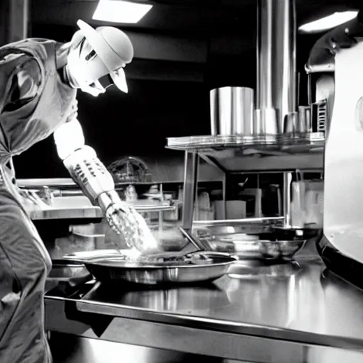 Prompt: Movie still of 'Future Science Apocalypse' (1990). Robot chef preparing food. Sigma 85mm f/1.4