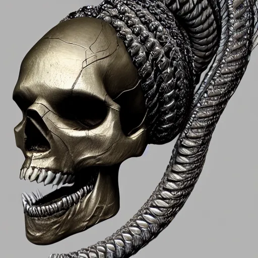 Prompt: large metallic skull attached to a long, coiled snake, stoic and calm, 8k, detailed, concept art, trending on artstation