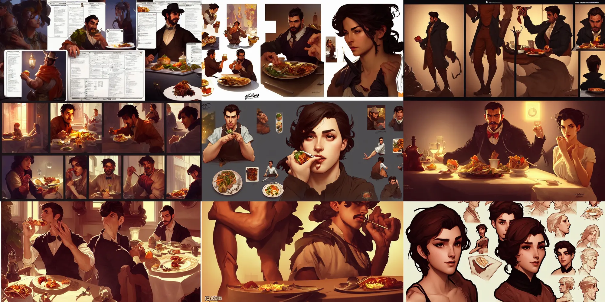 Prompt: juan carlos eating dinner, character sheet, character design, contrast, deep focus, turnaround, highly detailed, dramatic lighting, digital painting, artstation, concept art, matte, sharp focus, illustration, elegant, art by artgerm and greg f and alphonse mucha.