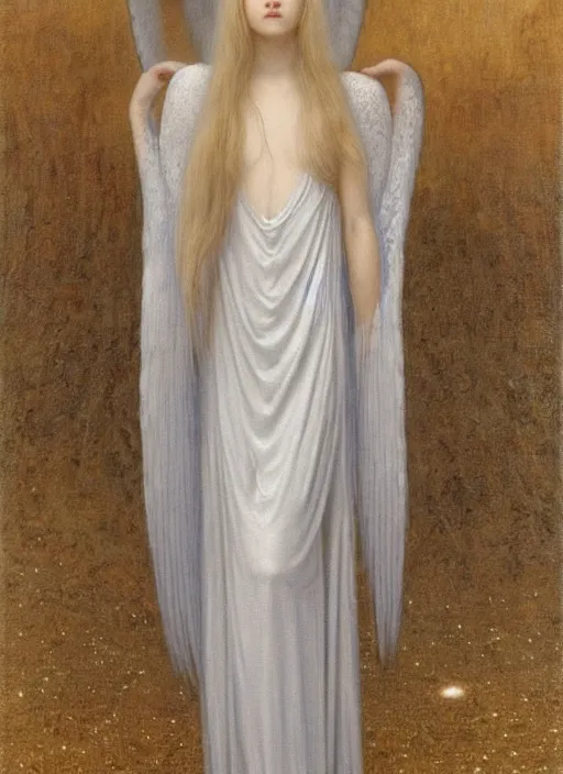 Prompt: thin young beautiful angel with silver hair so long, pale!, wearing white robes!, wearing silver hair, golden goddess, young adorable korean face, silver hair!!, oil on canvas, style of jean delville, 4 k resolution, aesthetic!,