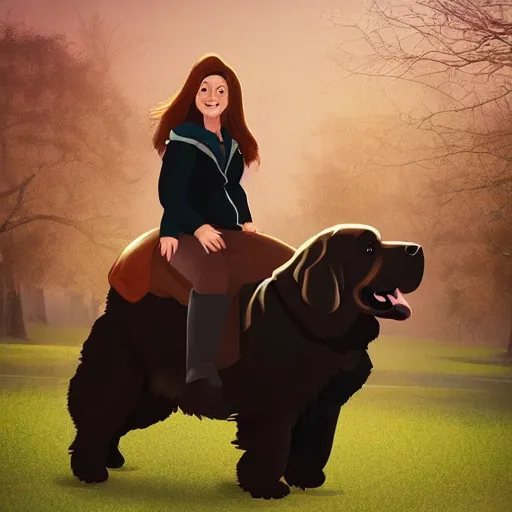 Image similar to girl riding a giant newfoundland dog in the park, trending on artstation