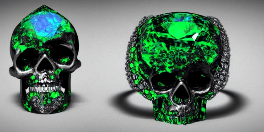 Image similar to stunning magic skull ring with a diamond, poison, green, mist, skull, energy, engraving, d & d, item, graphic, close - up, design, shimmer, artbook, page, detailed, trending on artstation, cgsociety, art by greg rutkowski and raymond swanland and moebius