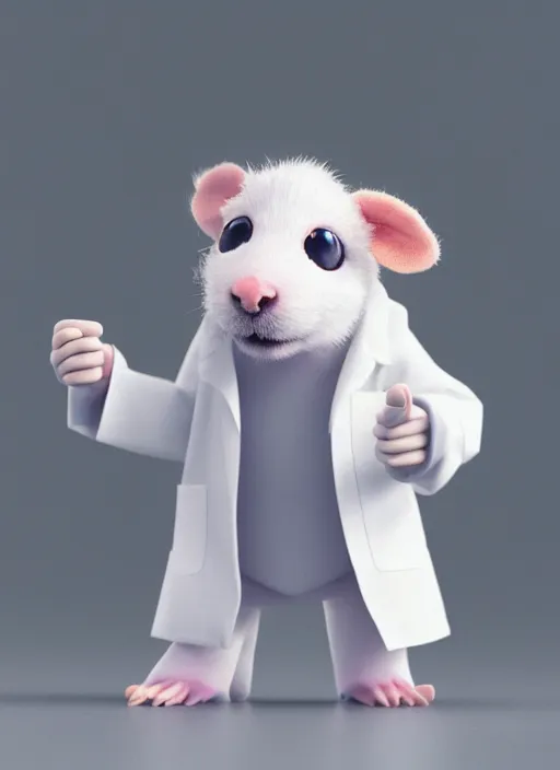 Image similar to a 3D render of a cute fuzzy pet rat dressed in a white lab coat mixing test tubes of chemicals in a chemistry lab, bokeh, Canon 50mm, cinematic lighting, volumetric light, octane, octane render, redshift render