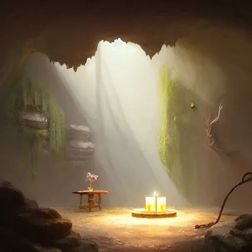 Image similar to cozy, empty bathhouse hidden in a cave, candlelight, towels, cushions, natural light, lush plants and flowers, elegant, smooth cave rock, fantasy, atmospheric lighting, digital painting, Greg Rutkowski concept art