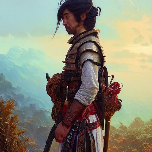 Image similar to Highly detailed portrait of Kurdish samurai, Stephen Bliss, unreal engine, fantasy art by Greg Rutkowski, Loish, Rhads, ferdinand knab, Makoto Shinkai and Lois van baarle, ilya kuvshinov, rossdraws, Tom Bagshaw, alphonse mucha, global illumination, radiant light, detailed and intricate environment, highly detailed, award winning art