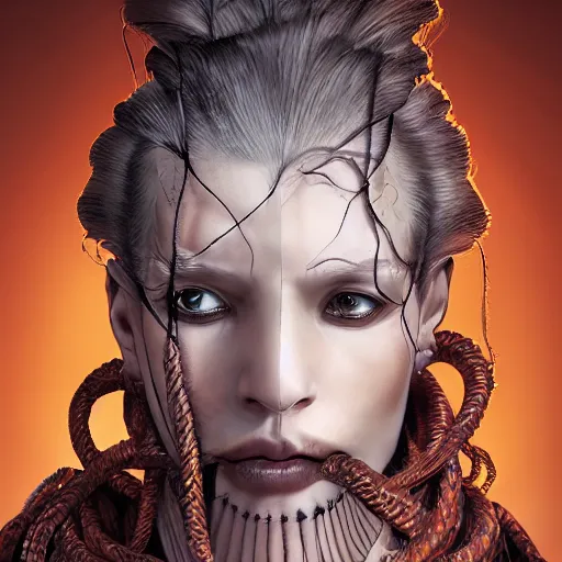 Image similar to portrait of a Shibari rope wrapped face and neck, headshot, insanely nice professional hair style, dramatic hair color, digital painting, of a old 17th century, old cyborg merchant, amber jewels, baroque, ornate clothing, scifi, realistic, hyperdetailed, chiaroscuro, concept art, art by Franz Hals and Jon Foster and Ayami Kojima and Amano and Karol Bak,