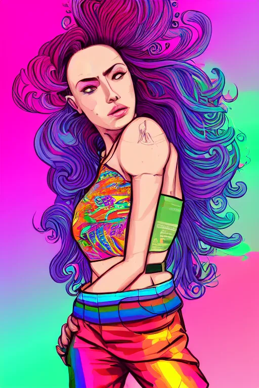 Image similar to a award winning half body portrait of a beautiful woman with stunning eyes in a printed croptop and cargo pants with rainbow colored ombre hairstyle head in motion and hair flying by josan gonzales, outrun, vaporware, shaded flat illustration, digital art, trending on artstation, highly detailed, fine detail, intricate