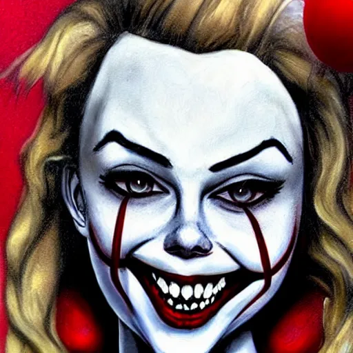 Image similar to grunge cartoon painting of margot robbie with a wide smile and a red balloon by chris leib, loony toons style, pennywise style, corpse bride style, horror theme, detailed, elegant, intricate