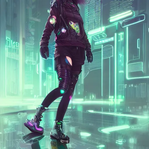 Image similar to a full body illustration of an asian female cyberpunk character wearing VR goggle implants, highly detailed, soft lighting, neon pastel colors, by WLOP, Guweiz, and Greg Staples, HD, 4K