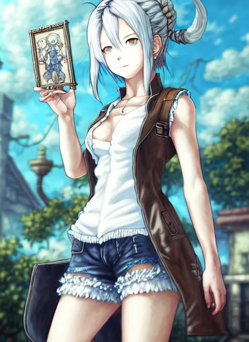 Prompt: a portrait of nekomimi wearing white vest, and denim shorts an ultrafine detailed painting, detailed painting, detailed eyes!!, final fantasy octopath traveler lovecraft cosmc horror