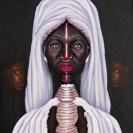 Image similar to a symmetrical portrait of a voodoo witch, oil painting, pale colors, high detail, 8 k, wide angle, trending on artstation,