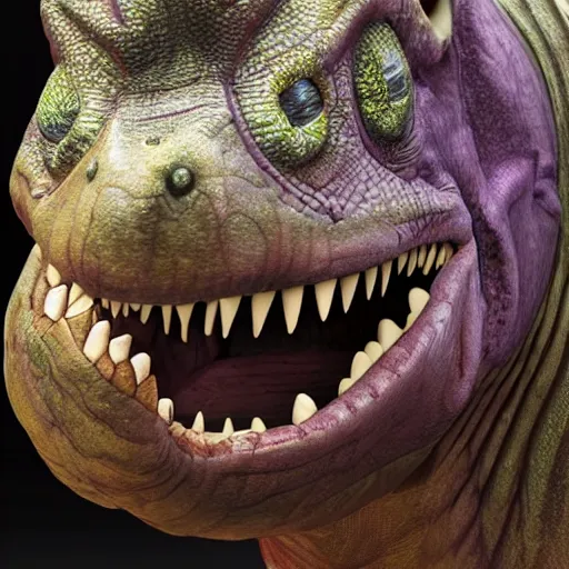 Prompt: barney the dinosaur reconstruction drawn by paleoartist, very realistic, hyperreal, scientifically accurate, highly detailed, 4 k