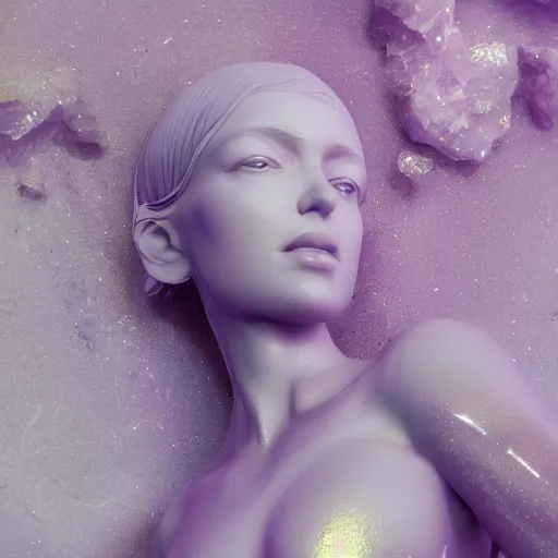 Image similar to abstract female sculpture made of white marble and amethyst crystals quartz, ethereal lights, fine details, artstation, film still, cinematic photoshooting, luxury, golden filigree, octane render