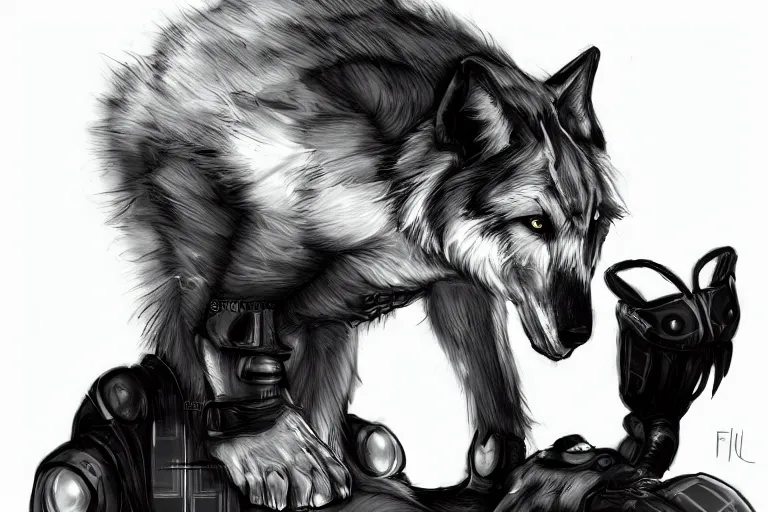 Image similar to a cyberpunk anthropomorphic wolf with a fluffy tail, comic art, trending on furaffinity, cartoon, kawaii, backlighting, furry art!!!, black and white, concept art