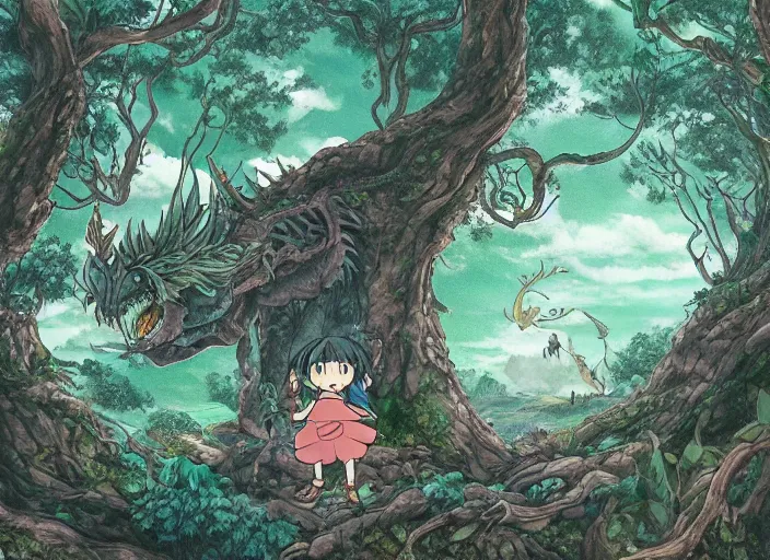 Image similar to Ancient magical forest with a flying a dragon, studio Ghibli style, highly detailed