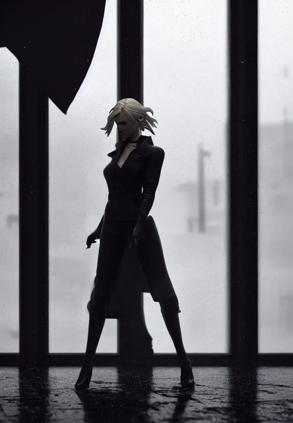 Image similar to cosmopolitan model annie leonhart posing with open toe heels in dunwall city, beautiful face, detailed face, realistic eyes, cinematic lighting, rainy weather, melancholy atmosphere, volumetric light, octane render, gothic architecture, realistic reflections, model agency, instagram photo, depression and despair