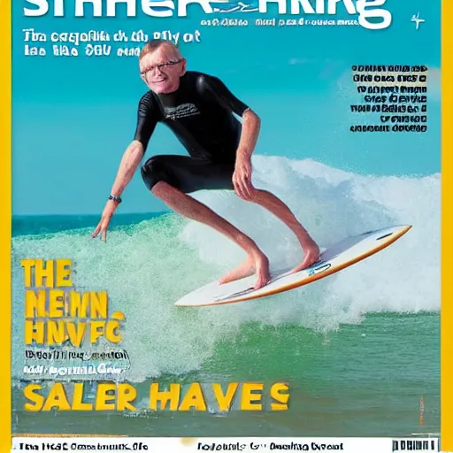 Prompt: stephen hawking catching a wave, cover of surfer magazine, july 2 0 1 1