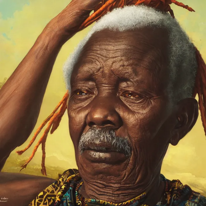 Image similar to a painting of a wise elder from Kenya by Kehinde Wiley . dramatic angle, ethereal lights, details, smooth, sharp focus, illustration, realistic, cinematic, artstation, award winning, rgb , unreal engine, octane render, cinematic light, macro, depth of field, blur, red light and clouds from the back, highly detailed epic cinematic concept art CG render made in Maya, Blender and Photoshop, octane render, excellent composition, dynamic dramatic cinematic lighting, aesthetic, very inspirational, arthouse.