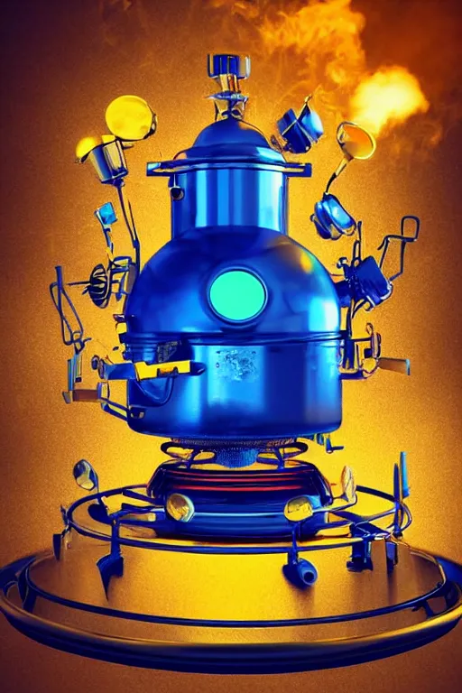 Image similar to portrait photo of a giant golden and blue metal steampunk robot wearing a big chef hat, with steaming pots and pans and tubes and a futuristic barbeque grill, eyes are green lights, shiny crisp finish, 3 d render, 8 k, insaneley detailed, fluorescent colors, background is multicolored lasershow