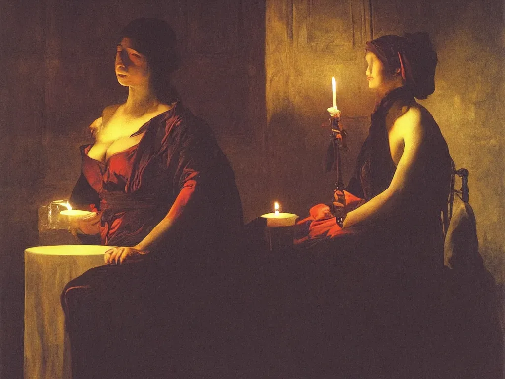 Prompt: Beautiful woman seated at a candle light. Melancholy. Painting by Georges de la Tour, Jan Saudek