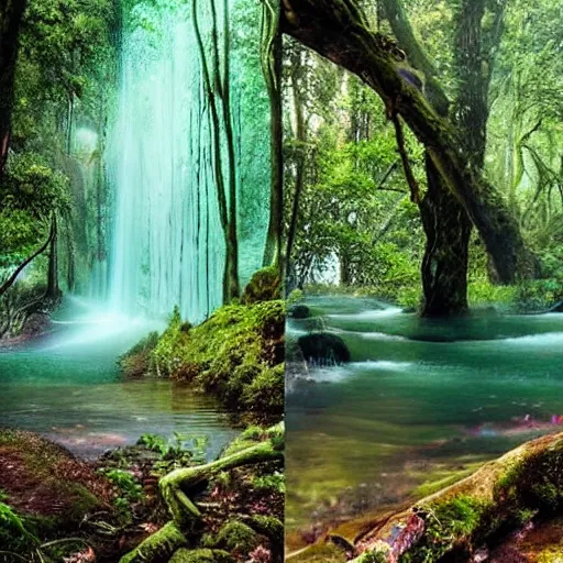 Image similar to gods in forest, three eyed, wide shot, feet in water, vivid colors, foreheads with eyes, ground very detailed, wet eyes reflecting into eyes reflecting into infinity, natural lighting