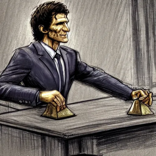 Prompt: todd howard courtroom sketch, bethesda, elder scrolls