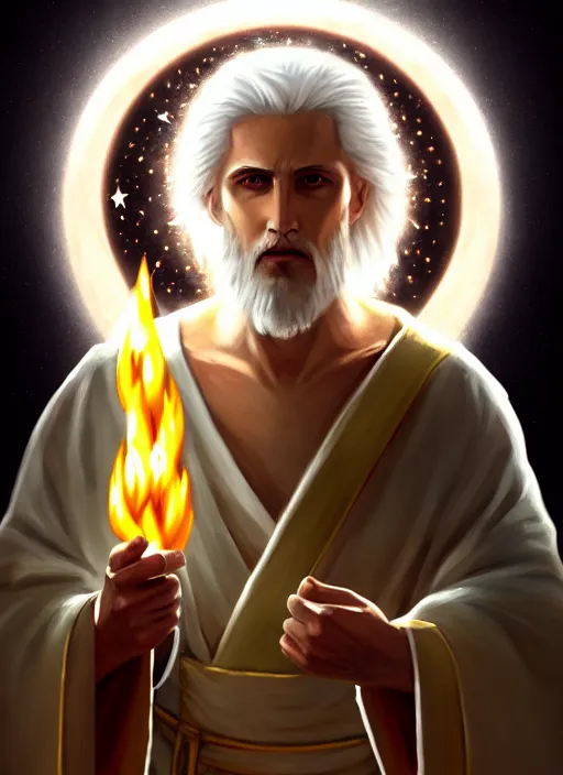 Image similar to « portrait of the white - haired jesus in a white robe and flaming yellow eyes, holding seven stars in right hand, high - contrast, intricate, elegant, highly detailed, bible illustration, digital painting, artstation, concept art, smooth, sharp focus, illustration »