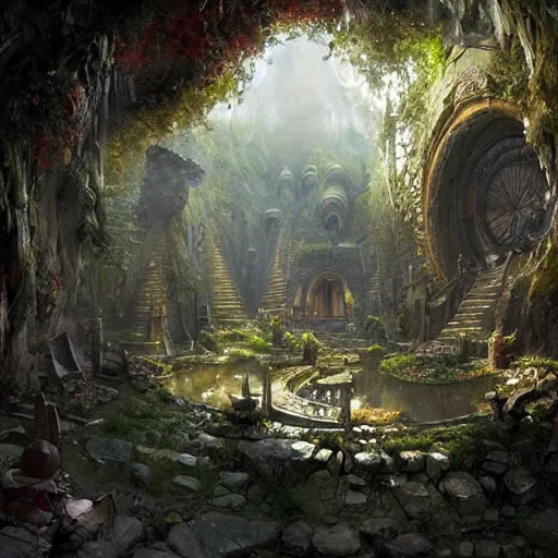 Image similar to worm's eye view of a elven headquarters carved inside a mountain above a arranged garden, neat and tidy, magical, natural light, fantasy, sharp focus, concept art, by greg rutkowski and craig mullins, cozy atmospheric