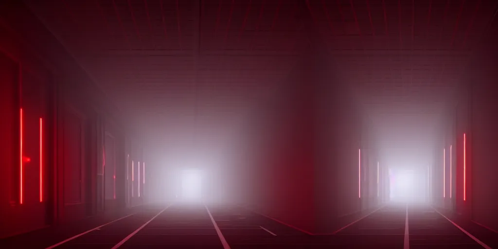 Image similar to a long angle shot of a big dark room with white lights on the celling and a long hallway at the end of the room with red lights on the celling, highly detailed, unreal engine, 4 k, dark, moody, foggy, game render, hyper realistic