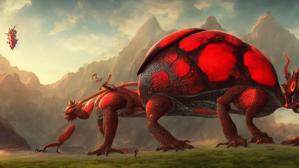 Prompt: giant ladybug dragon, fantasy artwork, very very very beautiful scenery, hd, hdr, ue5, ue6, unreal engine 5, cinematic 4k wallpaper, 8k, ultra detailed, high resolution, artstation, award winning