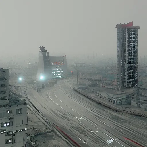 Prompt: pyongyang, fog, in the style of ghost in the shell by mamoru oshii