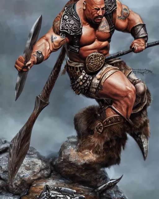 Prompt: close up shot of dwayne johnson with battle axe, dnd, high fantasy. royo, artgem, wlop