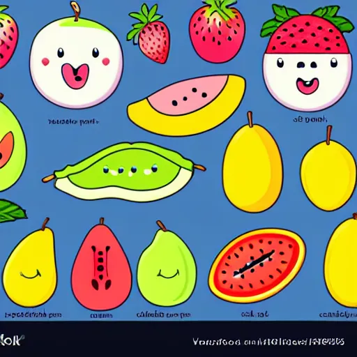 Prompt: a set of kawaii fruits isolated on white background, cartoon, cute, vector graphics,