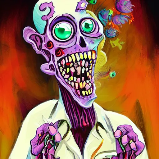 Prompt: colorful illustration of happy zombie, by zac retz and junji ito