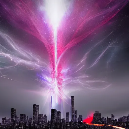 Prompt: red-hooded magician casting purple colored spells at 911 WTC Twin Towers, white glowing souls flying out of the towers into cosmic black hole sky, beautiful hyper realistic award winning photograph in the style of The Lord of the Rings